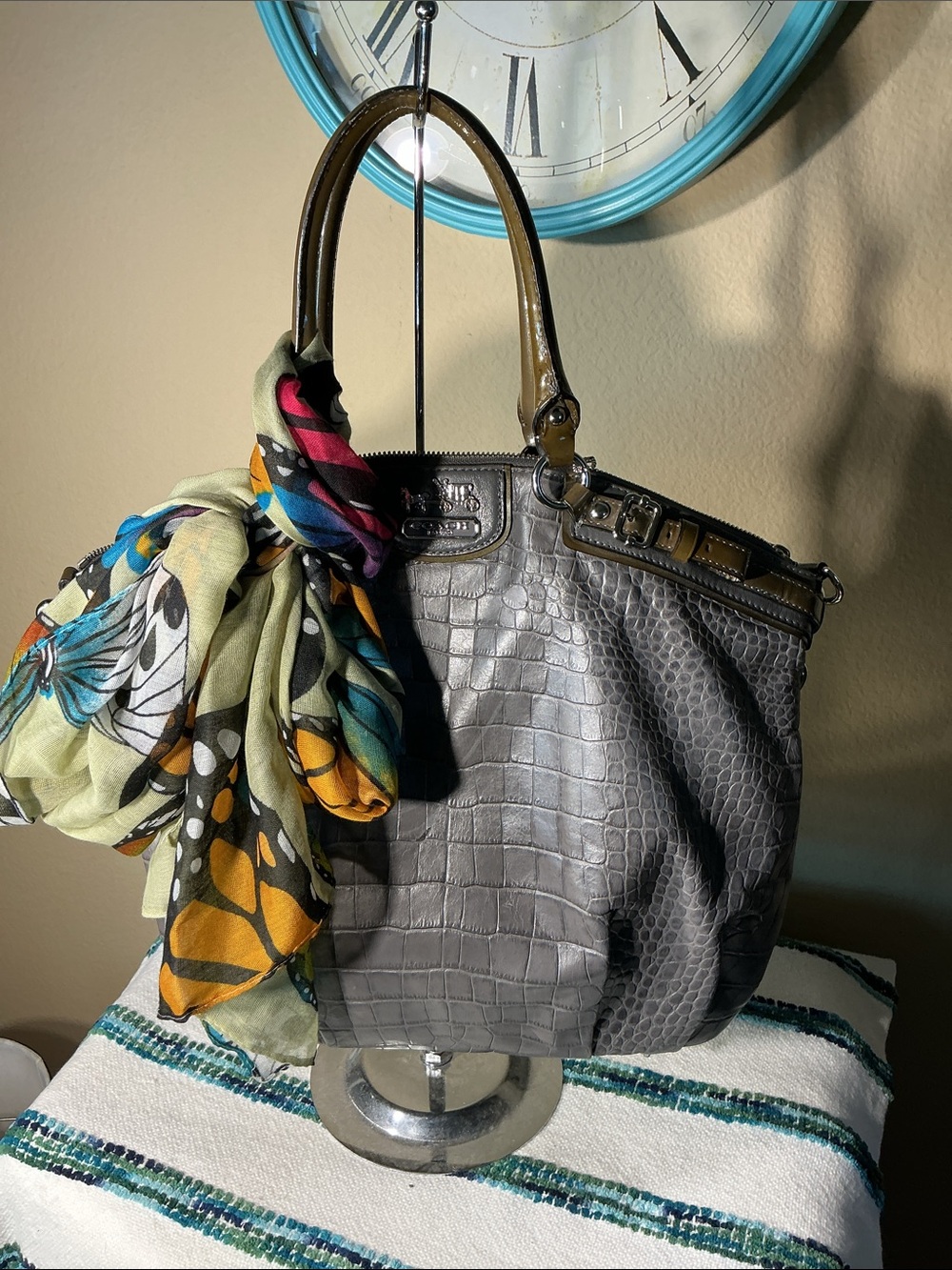 Coach Madison LindseyCroc-Embossed Gray Leather Shoulder Tote 18622 MSRP $598